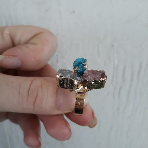 New Handmade Titanium Druzy Agate Gold Plated Adjustable Ring. - Picture 4 of 8